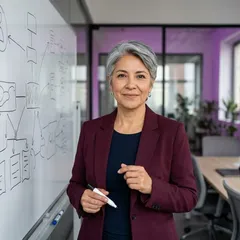 Consultora de negocios frente a una pizarra con diagramas