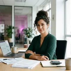 Contadora en su escritorio con laptop y documentos