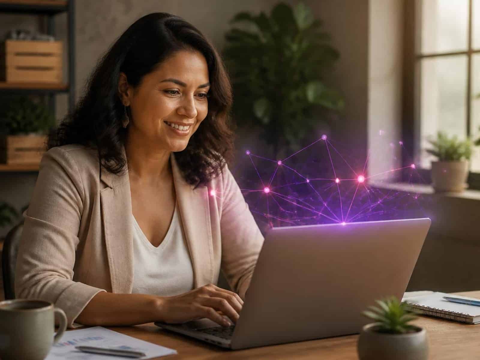 Empresaria revisando su estrategia de marketing digital con inteligencia artificial