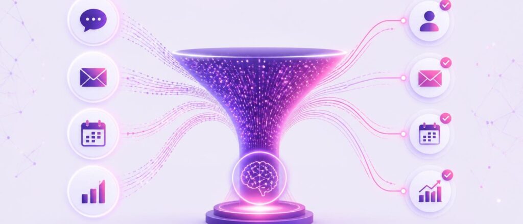 Embudo de marketing con inteligencia artificial que conecta chat, email, agenda y métricas
